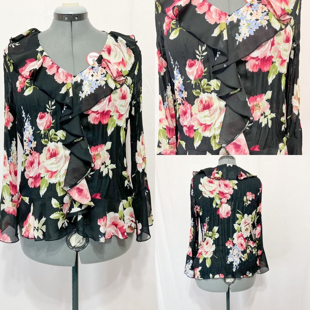AllisonTaylor Sz XL Black In Flower Print Textured V Neck Flounced Front